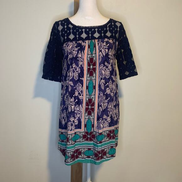 Akemi + Kin Anthropologie Maite navy blue multicolor tunic top size S - Picture 3 of 13
